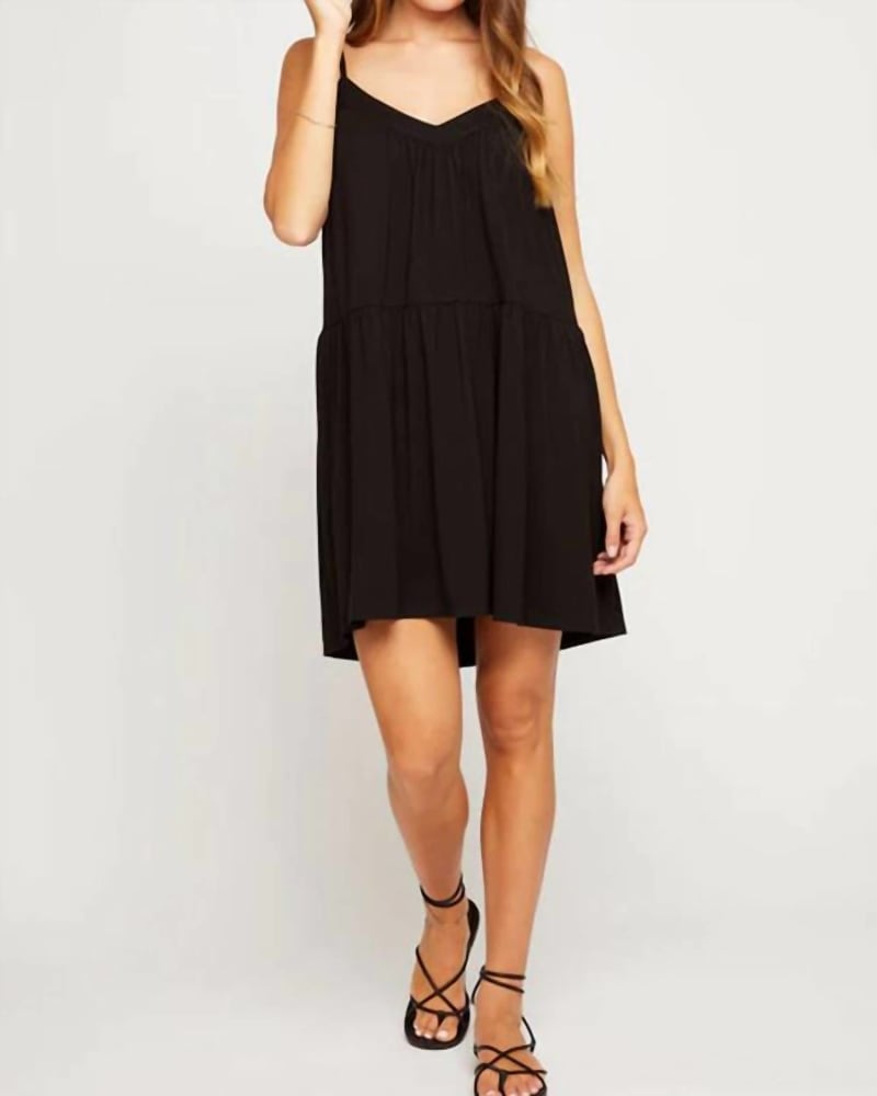 Front of a model wearing a size Large Gemini Dress In Black in Black by Gentle Fawn. | dia_product_style_image_id:354005